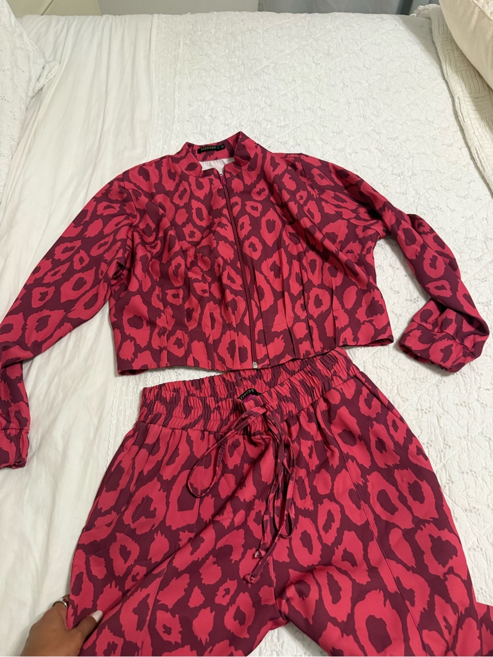 Women's Pink Leopard Print Two-Piece Set - Jacket & Drawstring Pants